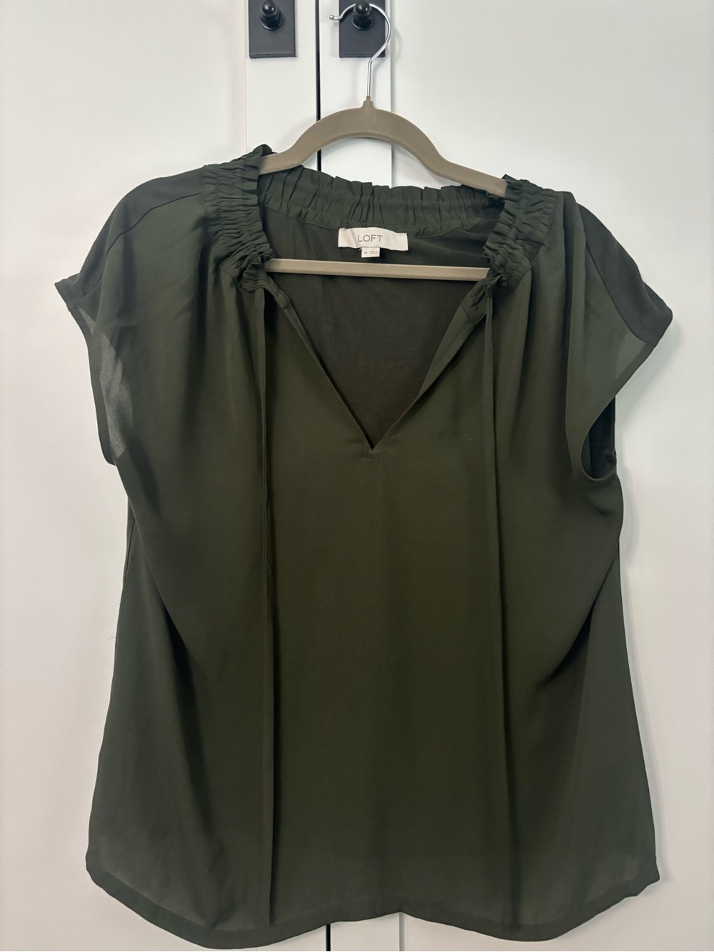 LOFT Olive Smocked Neck Cap Sleeve Blouse
